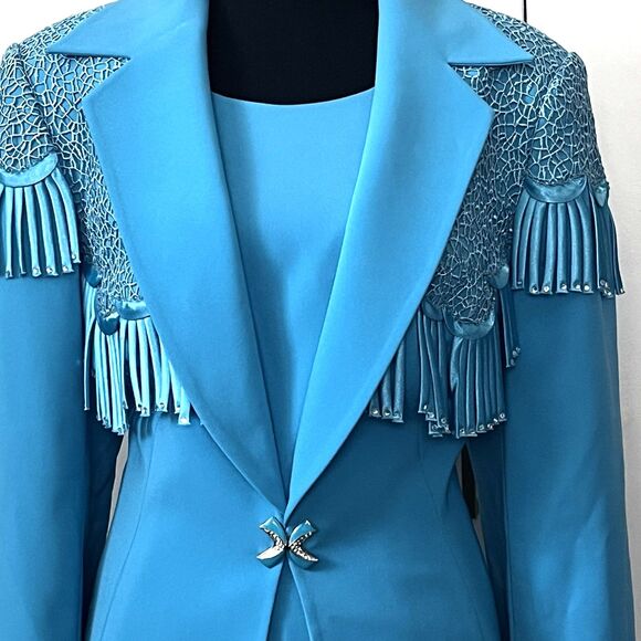 Champagne Italy 3-Piece Special Occasion Suit Blue Lace Fringe Rhinestone Jacket - Picture 6 of 7